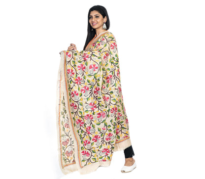 Kantha Stitched Dupatta on Tussar Base - Purple Flowers - ArtisanSoul