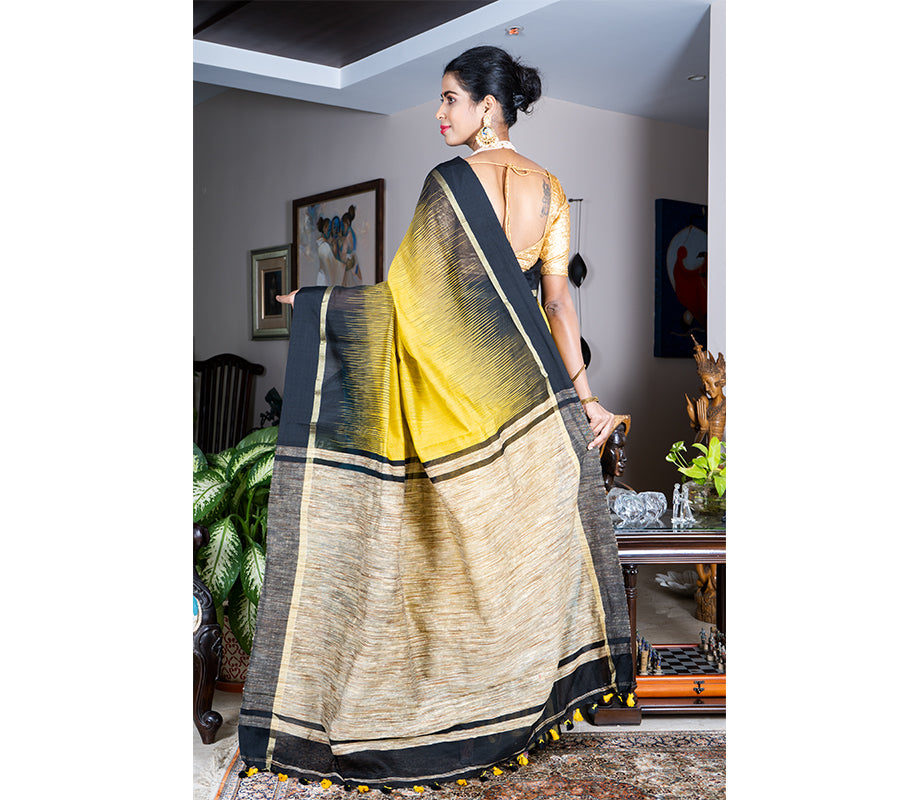 Handloom Ikkat Saree with Gheecha Anchal - Yellow - ArtisanSoul