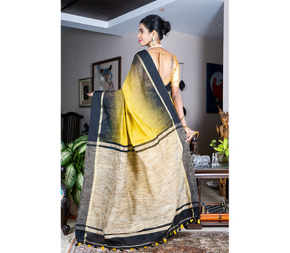 Handloom Ikkat Saree with Gheecha Anchal - Yellow - ArtisanSoul