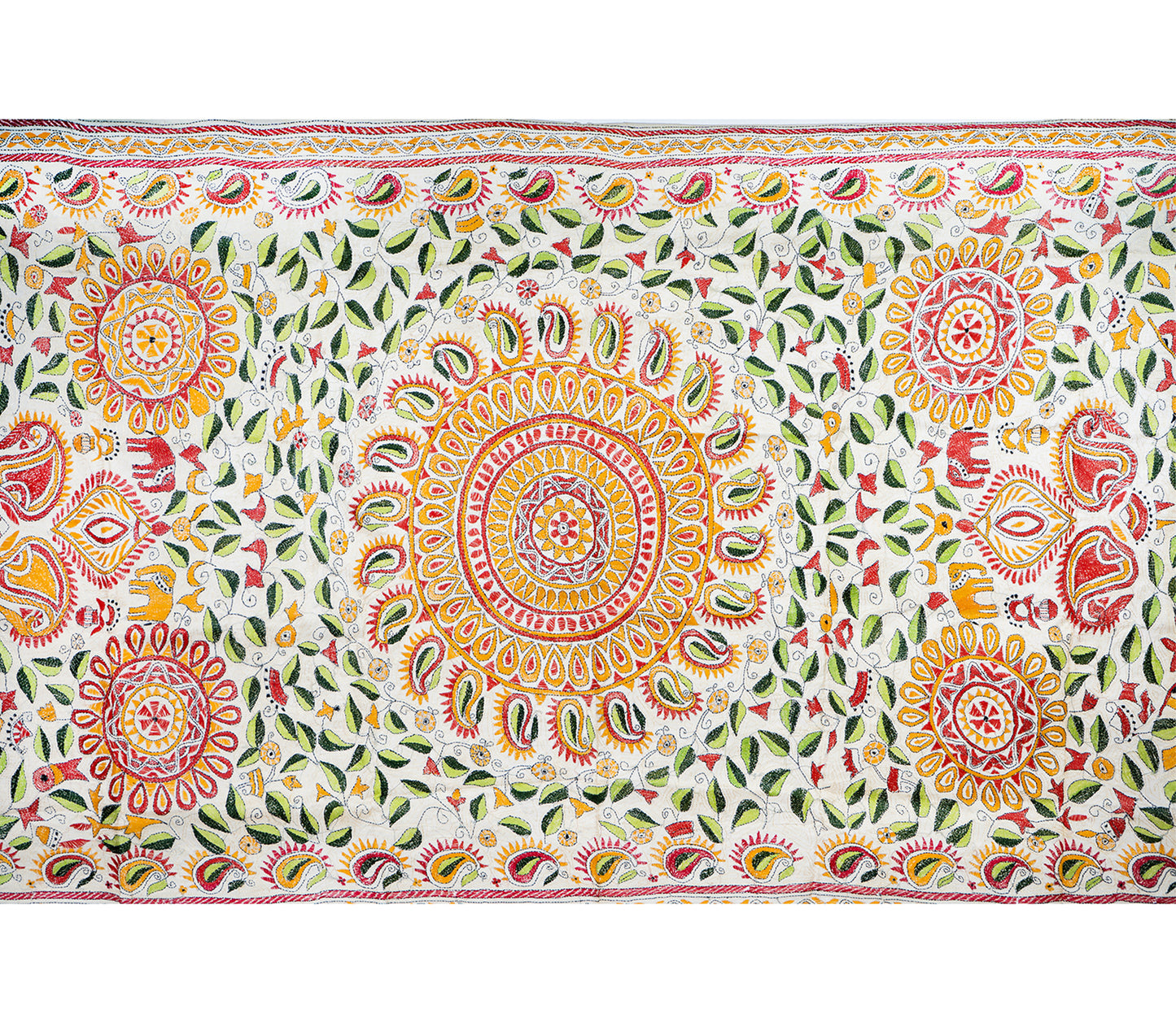 Kantha Stitched Dupatta on Tussar Base - Green and Yellow - ArtisanSoul