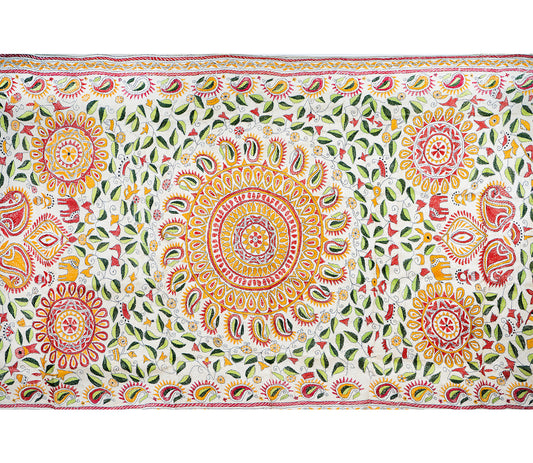 Kantha Stitched Dupatta on Tussar Base - Green and Yellow - ArtisanSoul