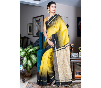 Handloom Ikkat Saree with Gheecha Anchal - Yellow - ArtisanSoul