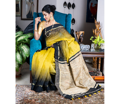 Handloom Ikkat Saree with Gheecha Anchal - Yellow - ArtisanSoul
