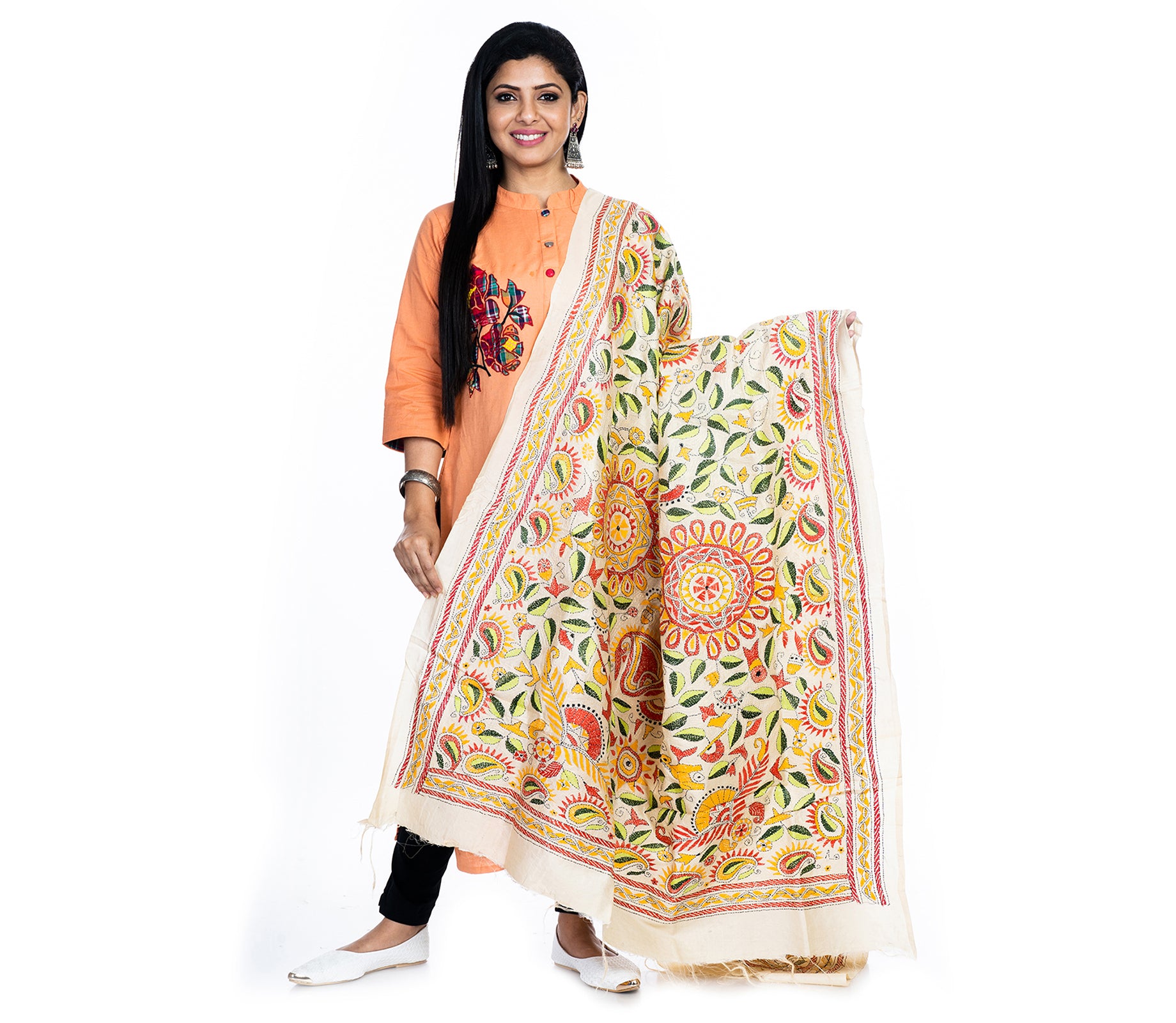 Kantha Stitched Dupatta on Tussar Base - Green and Yellow - ArtisanSoul
