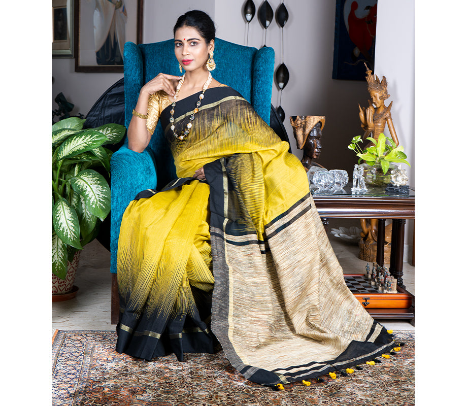 Handloom Ikkat Saree with Gheecha Anchal - Yellow - ArtisanSoul