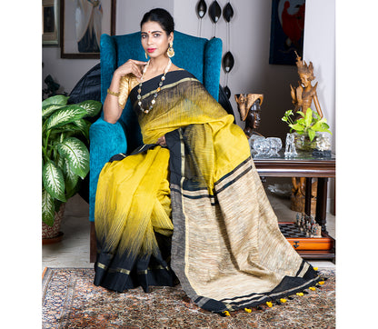 Handloom Ikkat Saree with Gheecha Anchal - Yellow - ArtisanSoul