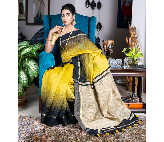 Handloom Ikkat Saree with Gheecha Anchal - Yellow - ArtisanSoul
