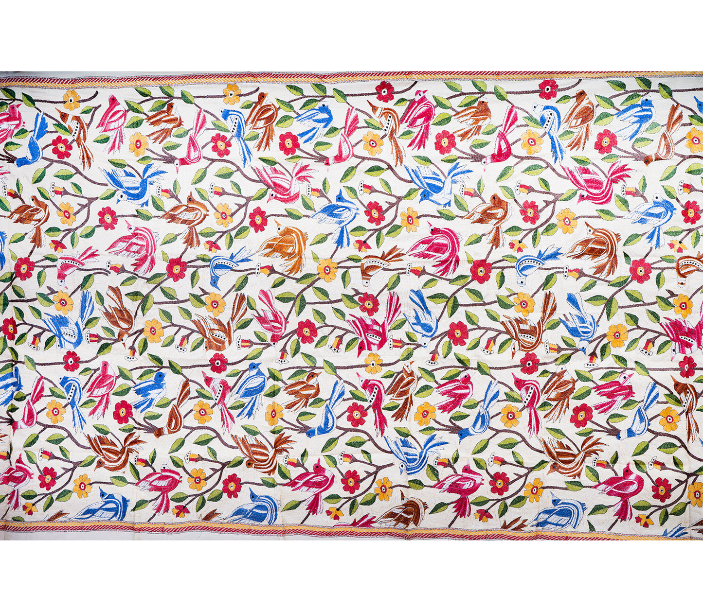 Kantha Stitched Dupatta on Tussar Base - Pink and Blue Birds - ArtisanSoul