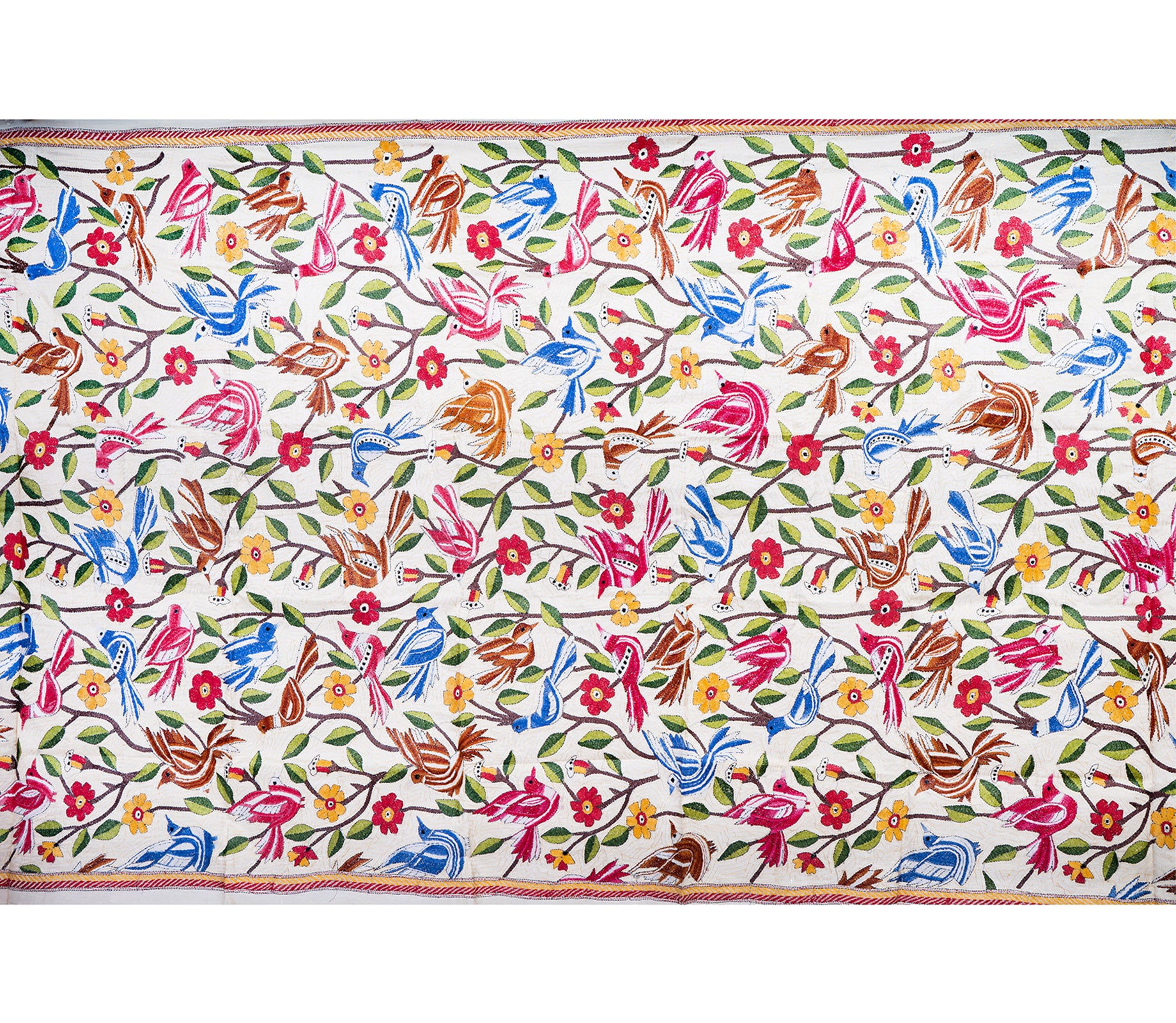 Kantha Stitched Dupatta on Tussar Base - Pink and Blue Birds - ArtisanSoul