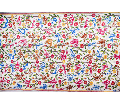 Kantha Stitched Dupatta on Tussar Base - Pink and Blue Birds - ArtisanSoul