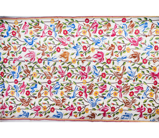 Kantha Stitched Dupatta on Tussar Base - Pink and Blue Birds - ArtisanSoul