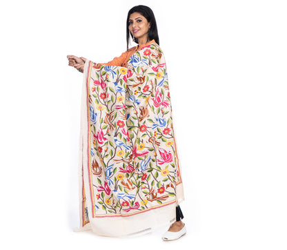 Kantha Stitched Dupatta on Tussar Base - Pink and Blue Birds - ArtisanSoul