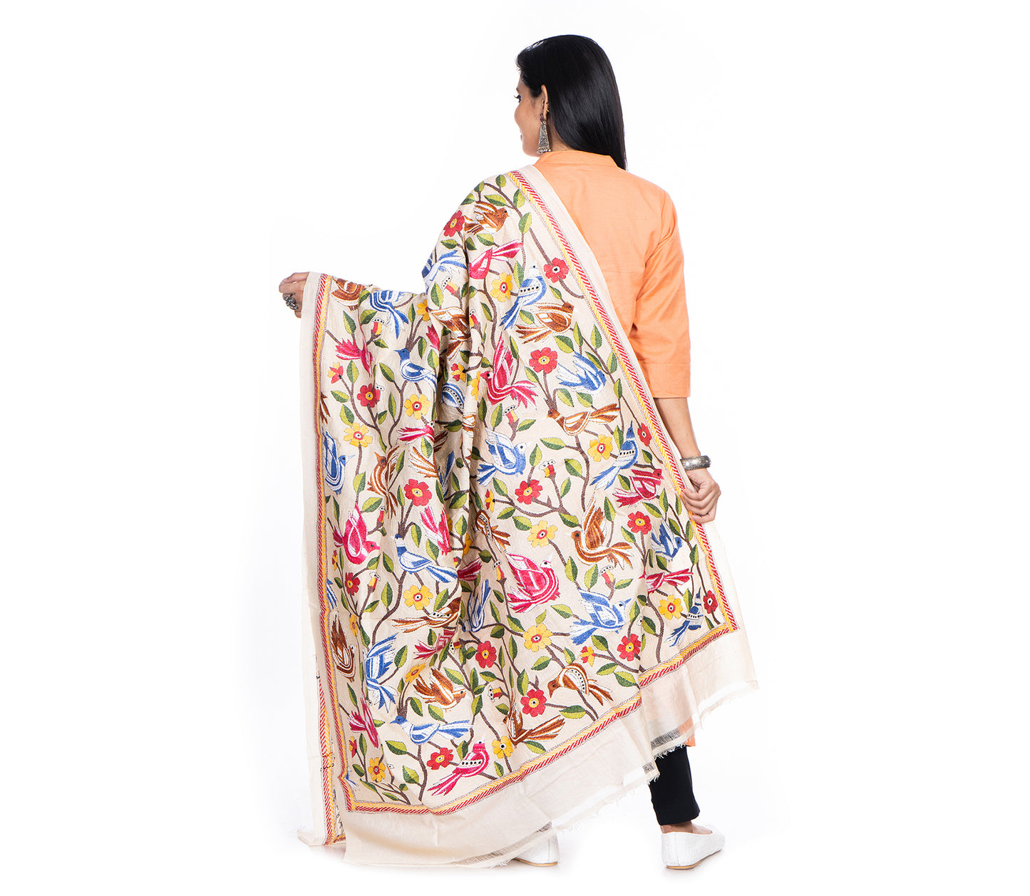 Kantha Stitched Dupatta on Tussar Base - Pink and Blue Birds - ArtisanSoul