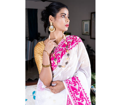 Handloom Jamdani Sub Dhakai Saree - Purple on White