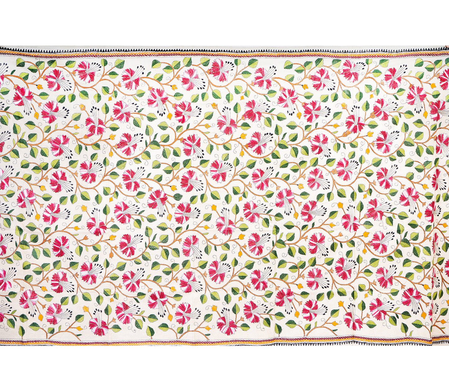 Kantha Stitched Dupatta on Tussar Base - Pink Flowers - ArtisanSoul