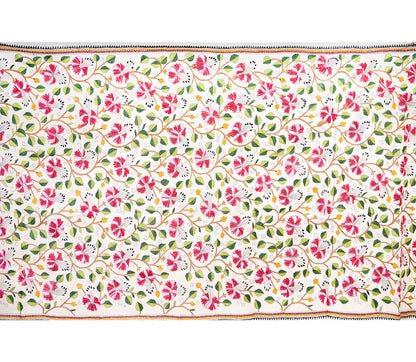 Kantha Stitched Dupatta on Tussar Base - Pink Flowers - ArtisanSoul