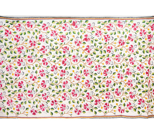 Kantha Stitched Dupatta on Tussar Base - Pink Flowers - ArtisanSoul