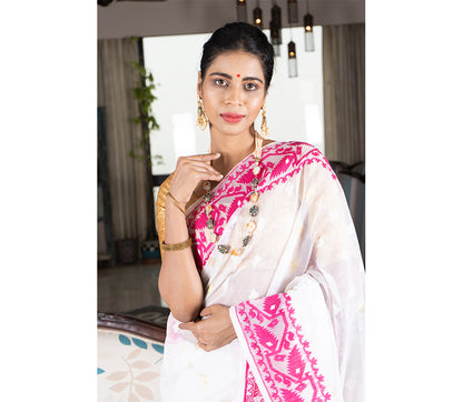 Handloom Jamdani Sub Dhakai Saree - Purple on White