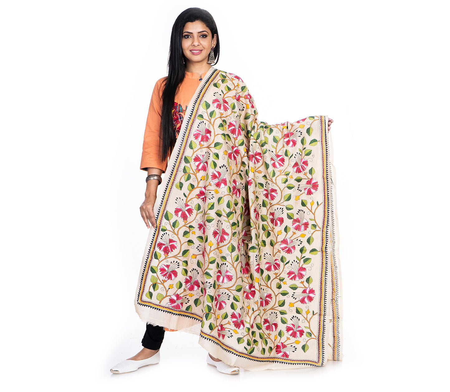 Kantha Stitched Dupatta on Tussar Base - Pink Flowers - ArtisanSoul