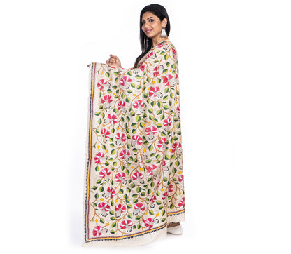 Kantha Stitched Dupatta on Tussar Base - Pink Flowers - ArtisanSoul