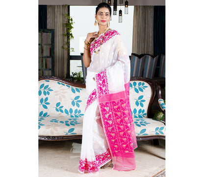 Handloom Jamdani Sub Dhakai Saree - Purple on White