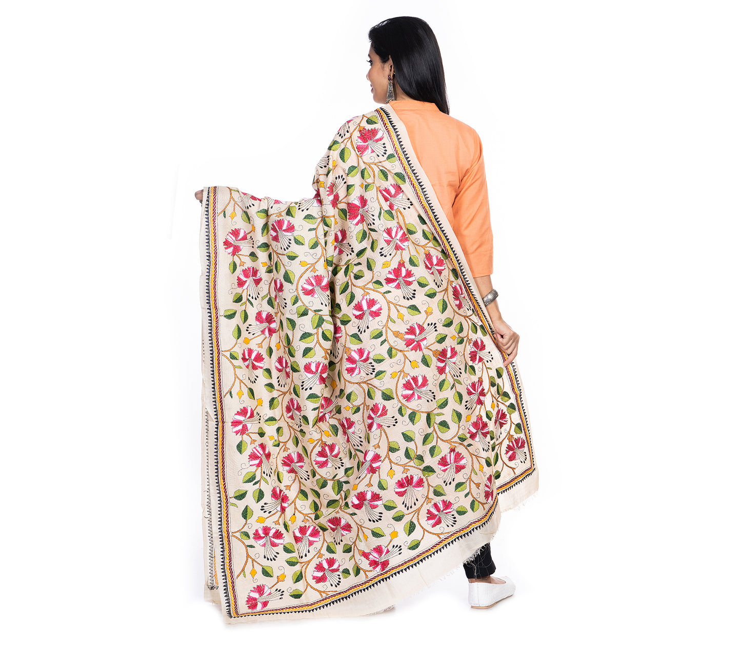 Kantha Stitched Dupatta on Tussar Base - Pink Flowers - ArtisanSoul