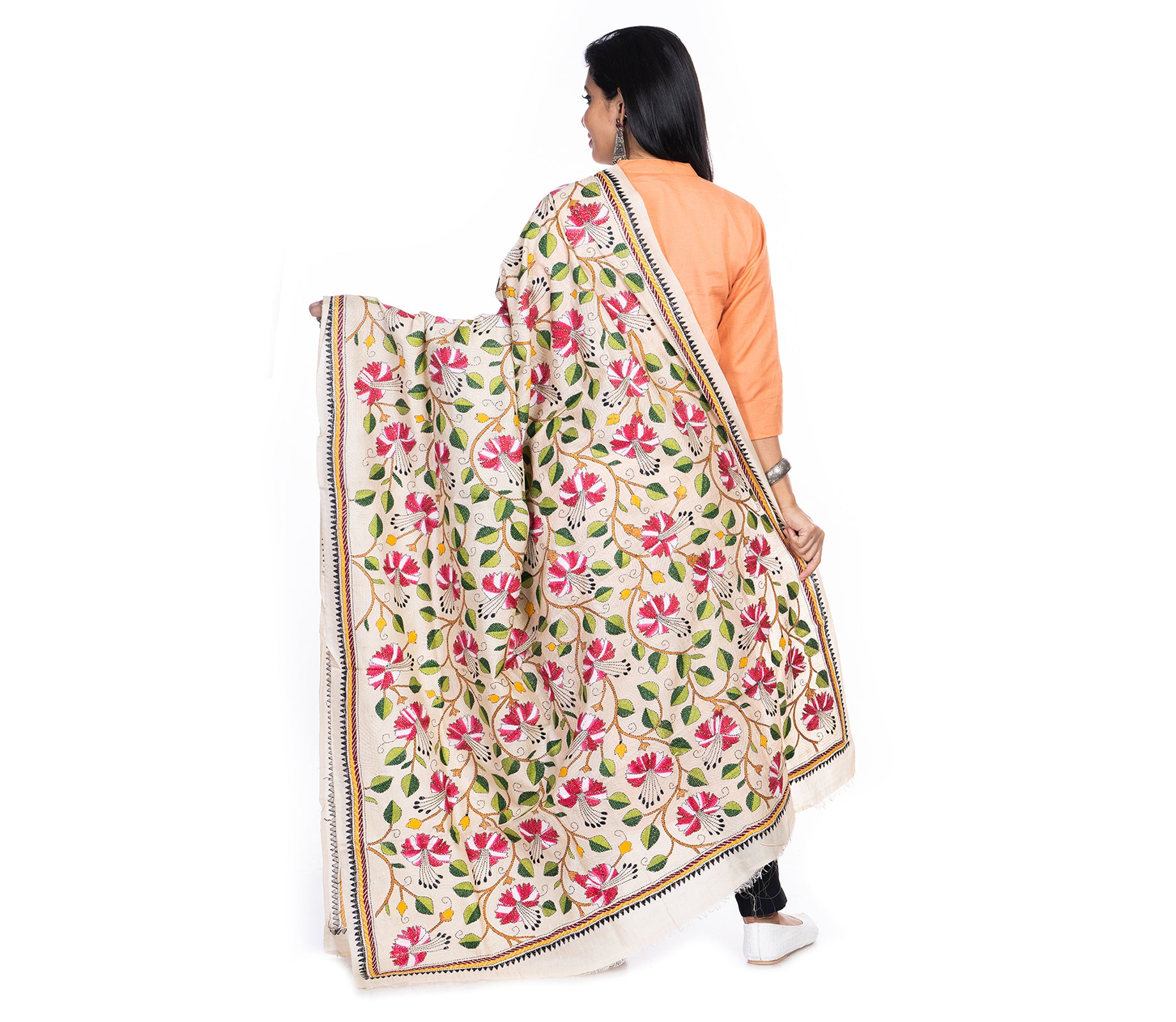 Kantha Stitched Dupatta on Tussar Base - Pink Flowers - ArtisanSoul