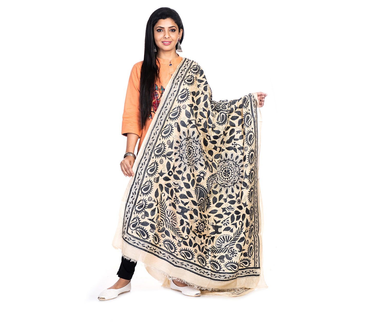 Kantha Stitched Dupatta on Tussar Base - Black work - ArtisanSoul