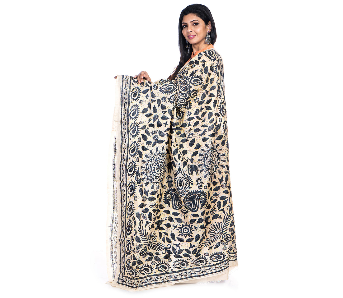 Kantha Stitched Dupatta on Tussar Base - Black work - ArtisanSoul