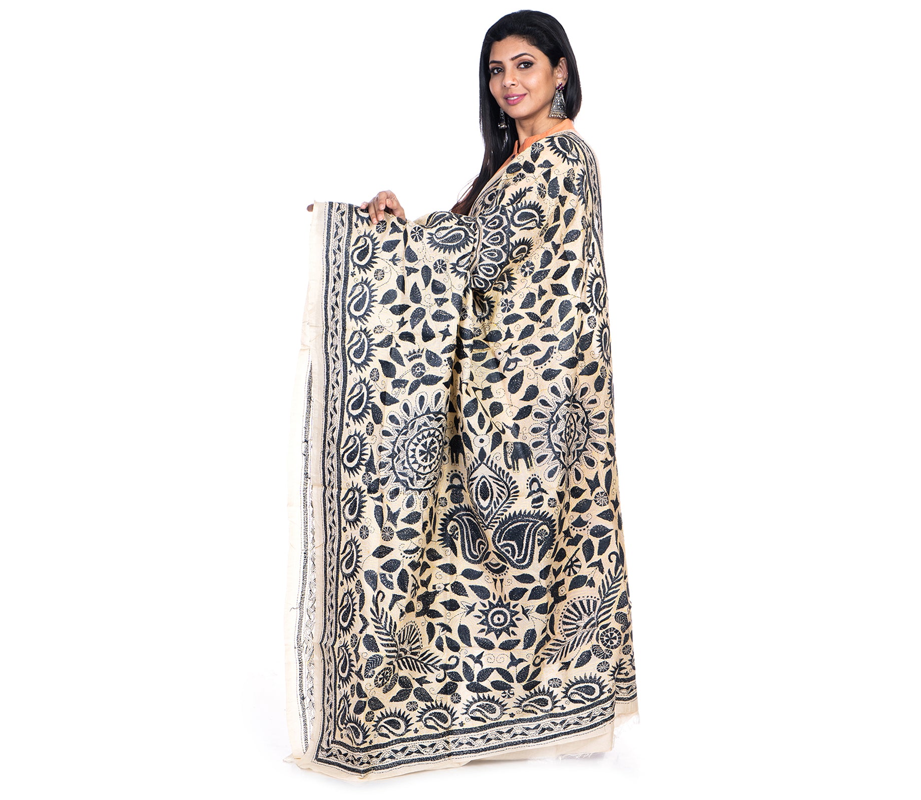 Kantha Stitched Dupatta on Tussar Base - Black work - ArtisanSoul