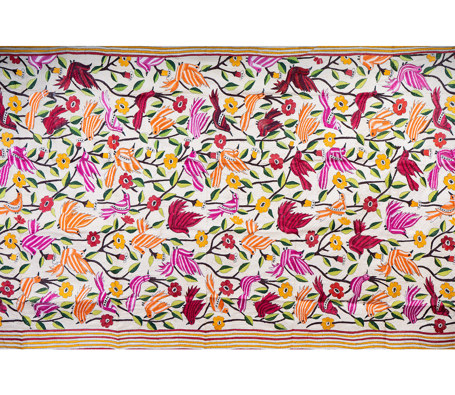 Kantha Stitched Dupatta on Tussar Base - Red Birds - ArtisanSoul