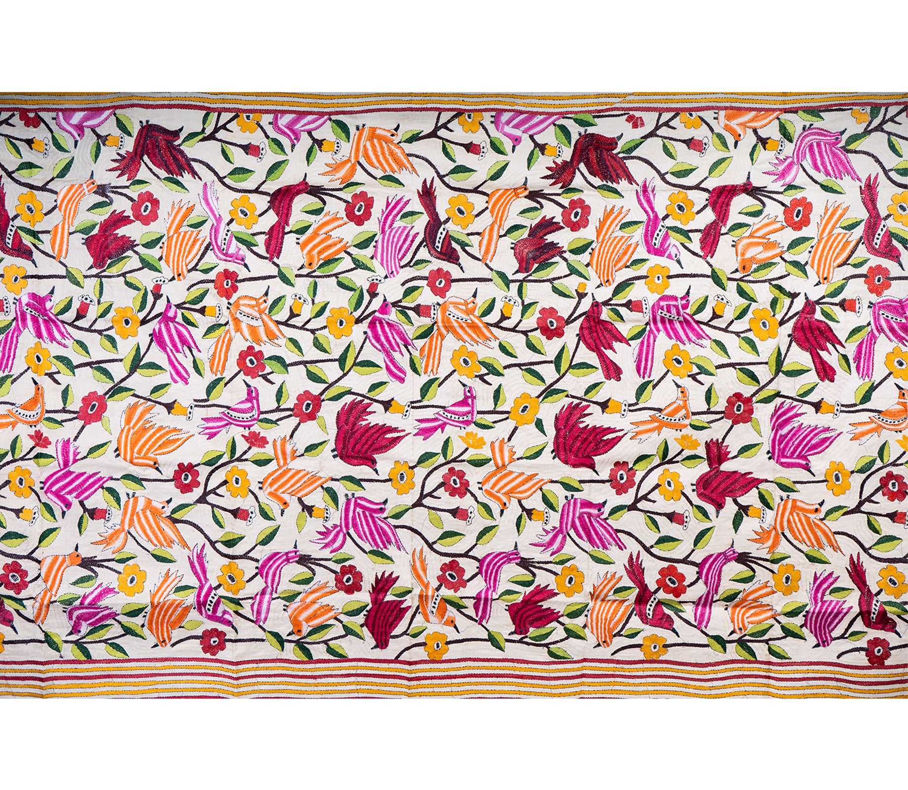 Kantha Stitched Dupatta on Tussar Base - Red Birds - ArtisanSoul