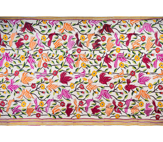 Kantha Stitched Dupatta on Tussar Base - Red Birds - ArtisanSoul