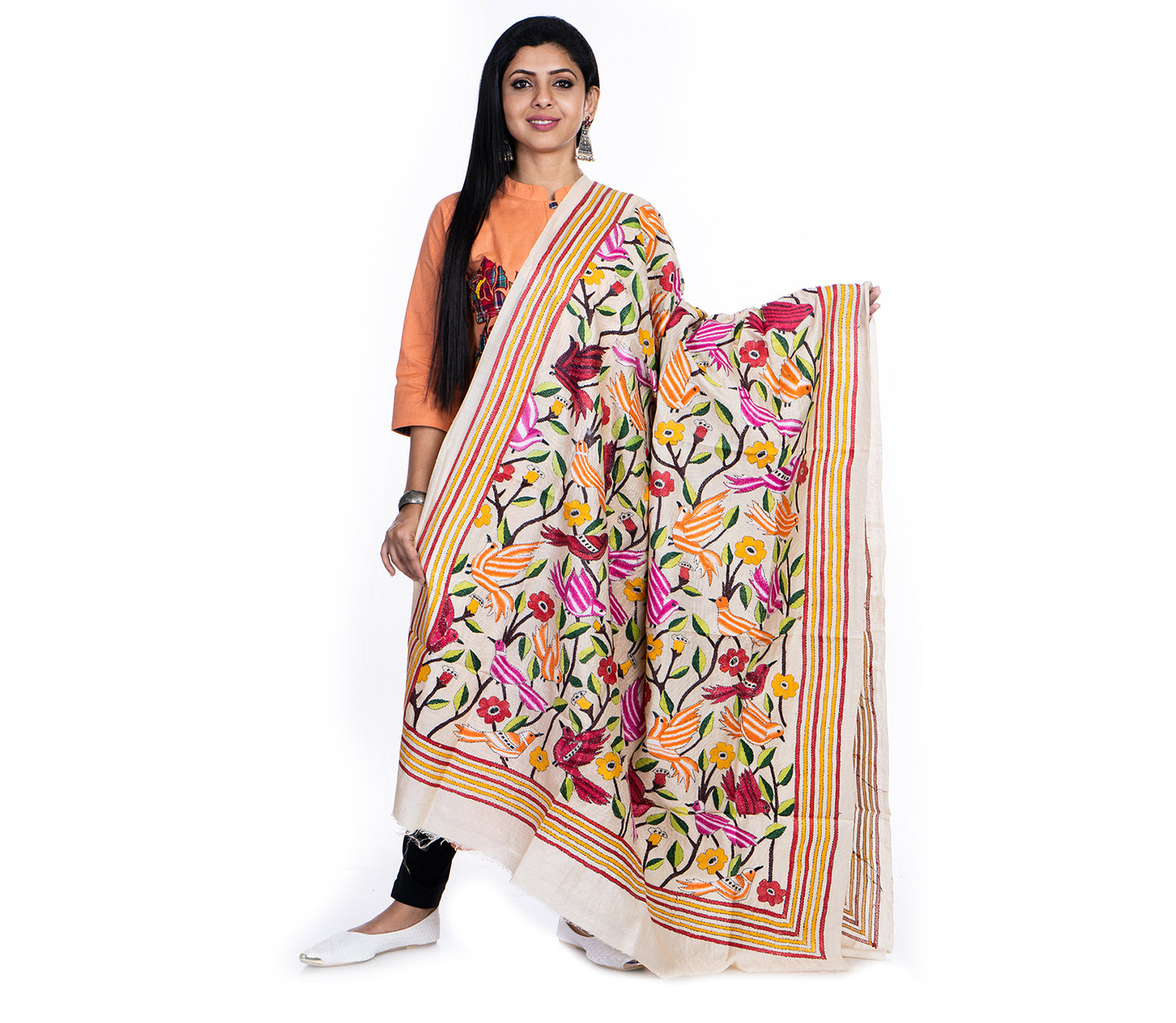 Kantha Stitched Dupatta on Tussar Base - Red Birds - ArtisanSoul
