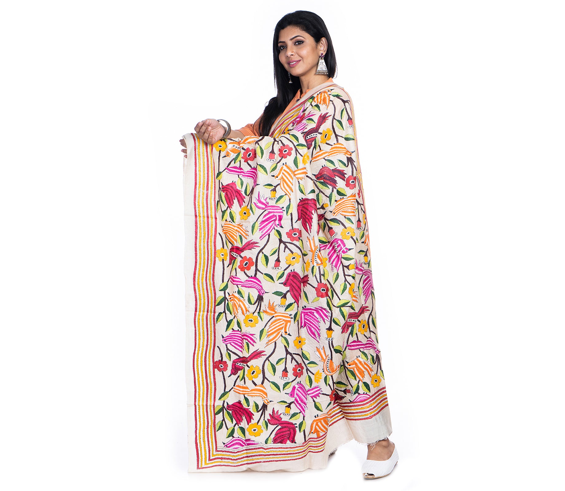 Kantha Stitched Dupatta on Tussar Base - Red Birds - ArtisanSoul