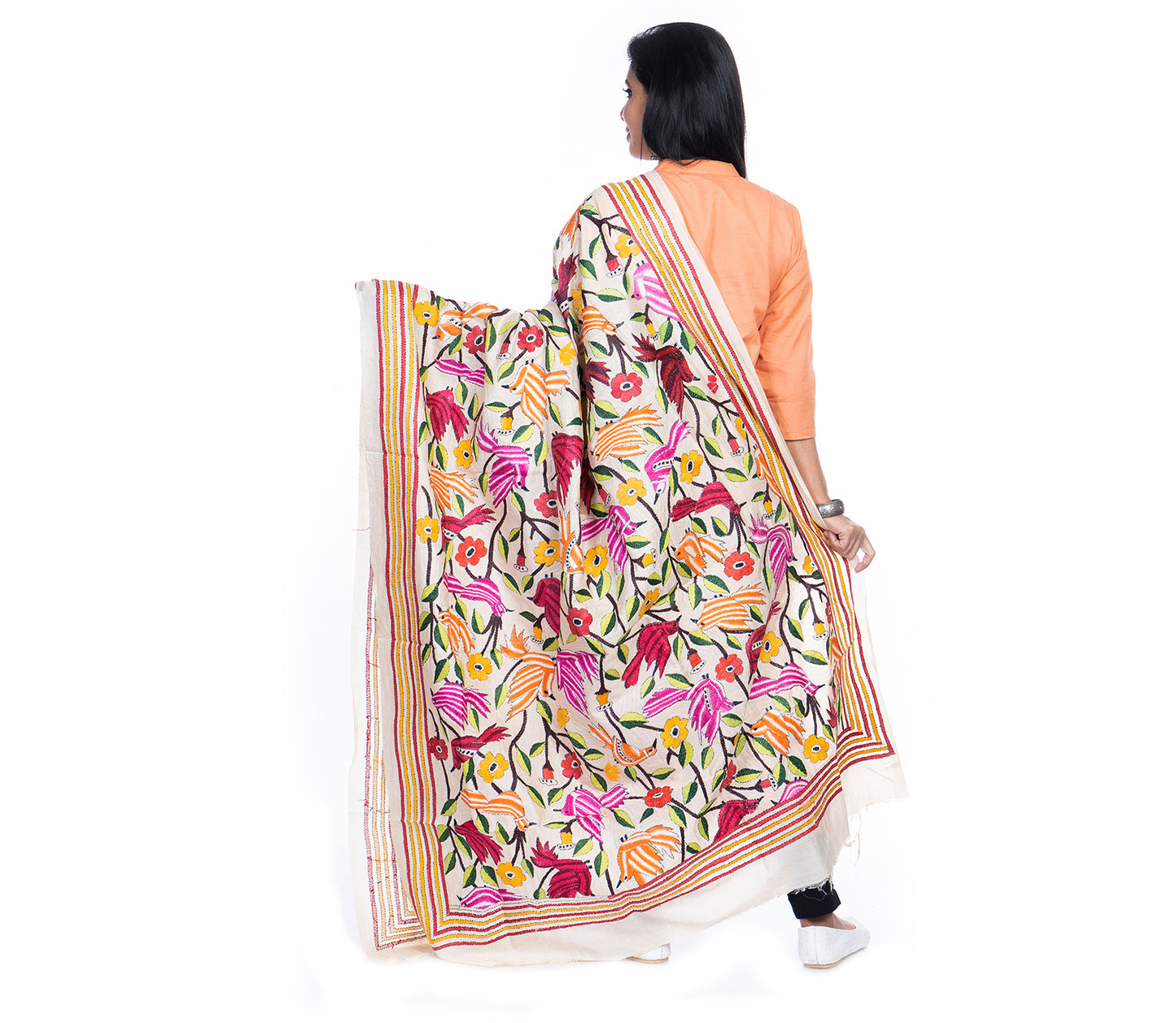 Kantha Stitched Dupatta on Tussar Base - Red Birds - ArtisanSoul