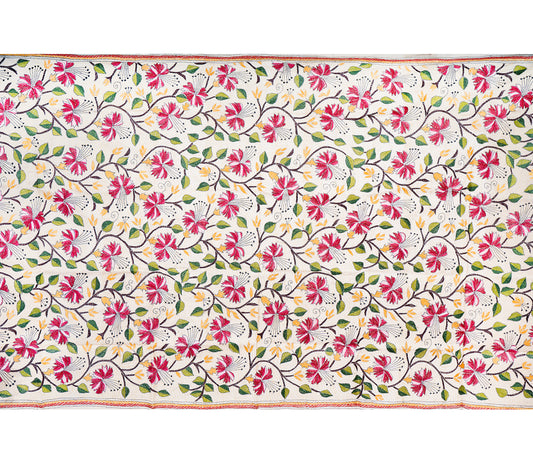 Kantha Stitched Dupatta on Tussar Base - Red Flowers - ArtisanSoul