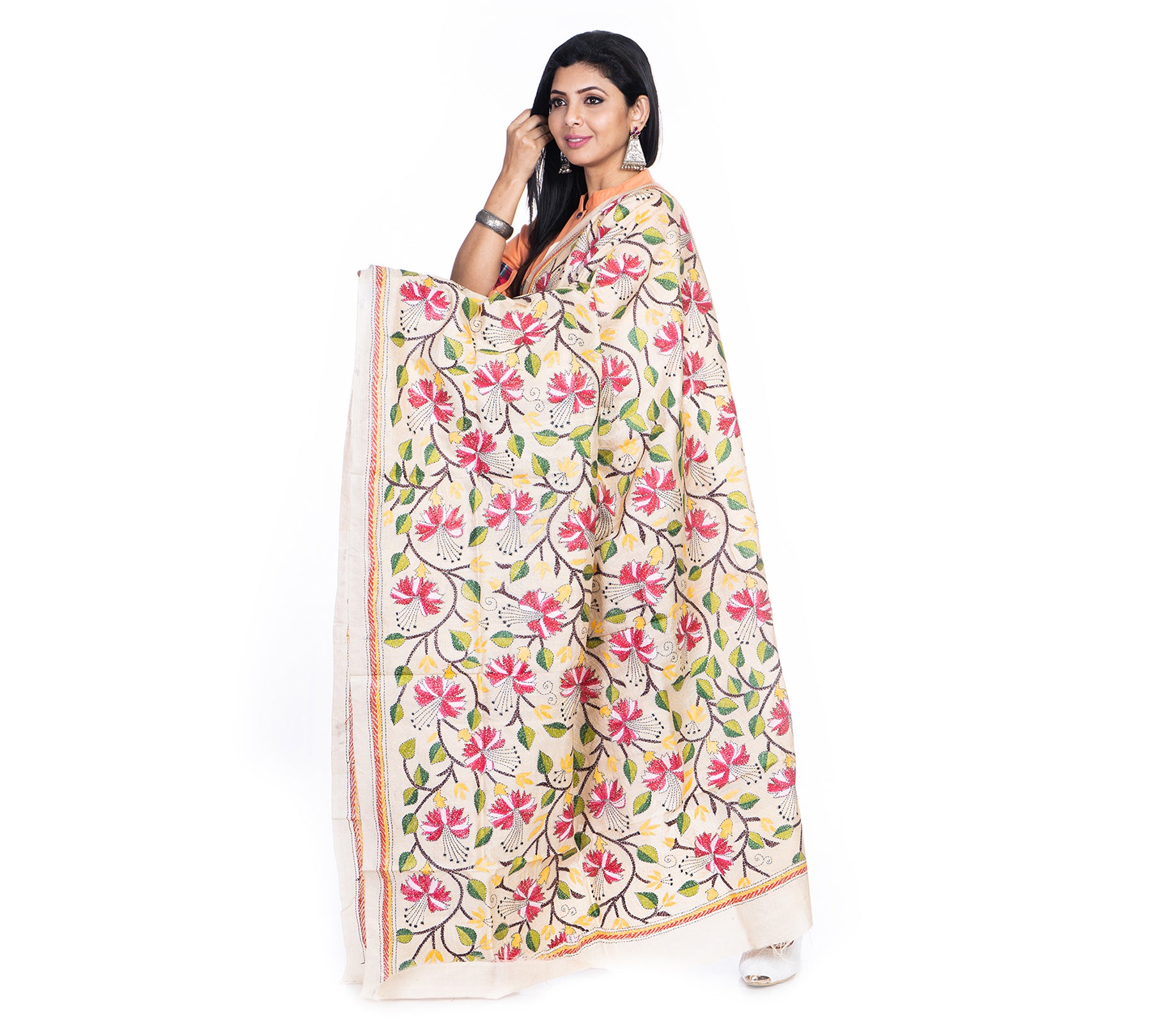 Kantha Stitched Dupatta on Tussar Base - Red Flowers - ArtisanSoul