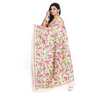 Kantha Stitched Dupatta on Tussar Base - Red Flowers - ArtisanSoul