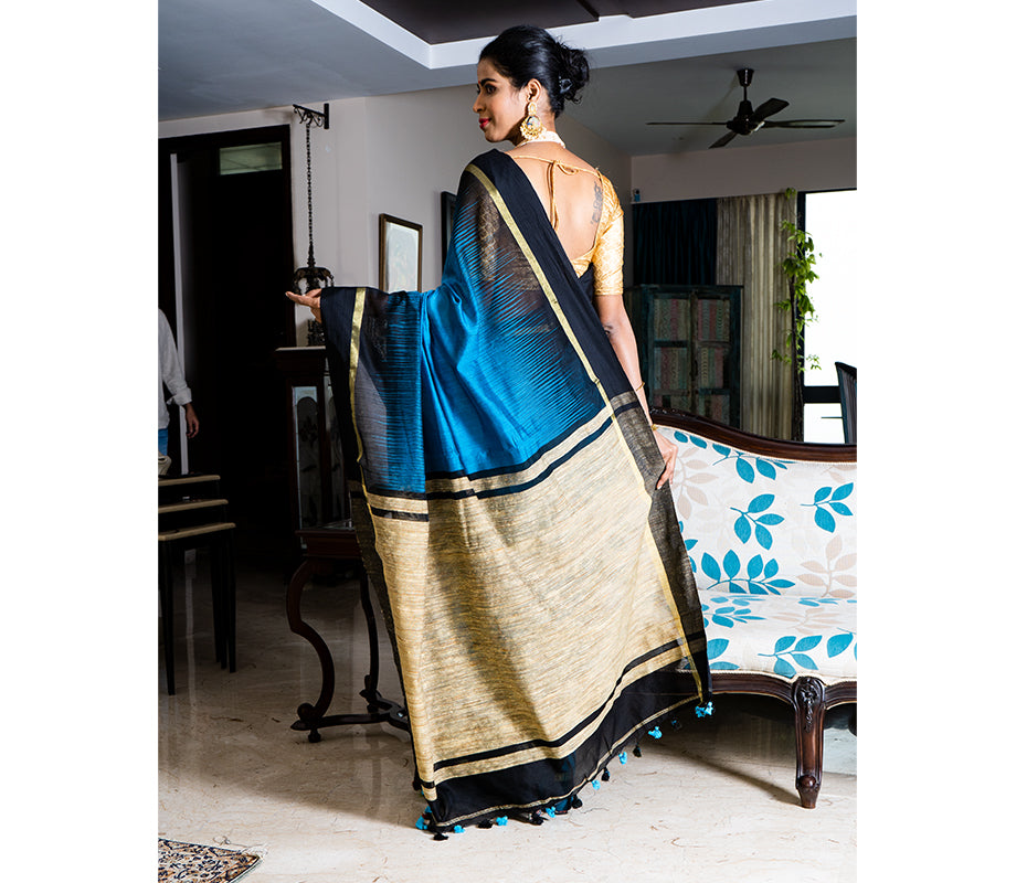 Handloom Ikkat Saree with Gheecha Anchal - Blue - ArtisanSoul