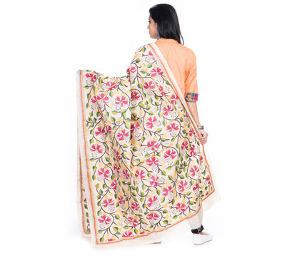 Kantha Stitched Dupatta on Tussar Base - Red Flowers - ArtisanSoul
