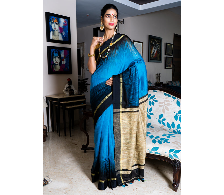 Handloom Ikkat Saree with Gheecha Anchal - Blue - ArtisanSoul
