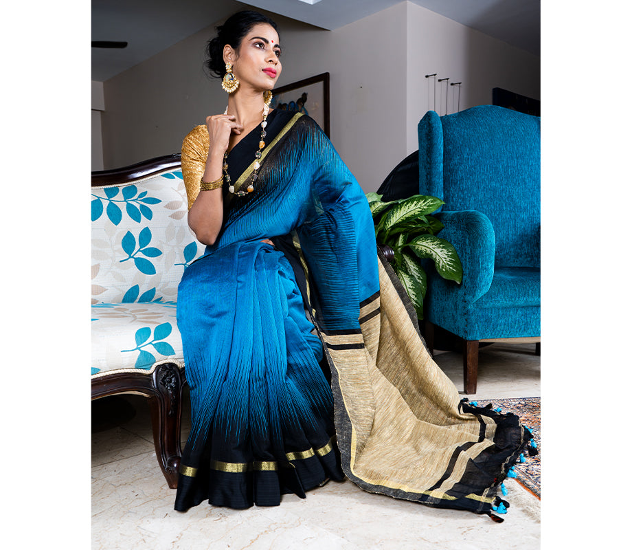 Handloom Ikkat Saree with Gheecha Anchal - Blue - ArtisanSoul