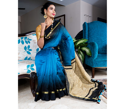 Handloom Ikkat Saree with Gheecha Anchal - Blue - ArtisanSoul