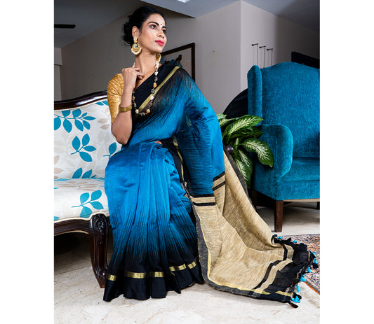 Handloom Ikkat Saree with Gheecha Anchal - Blue - ArtisanSoul