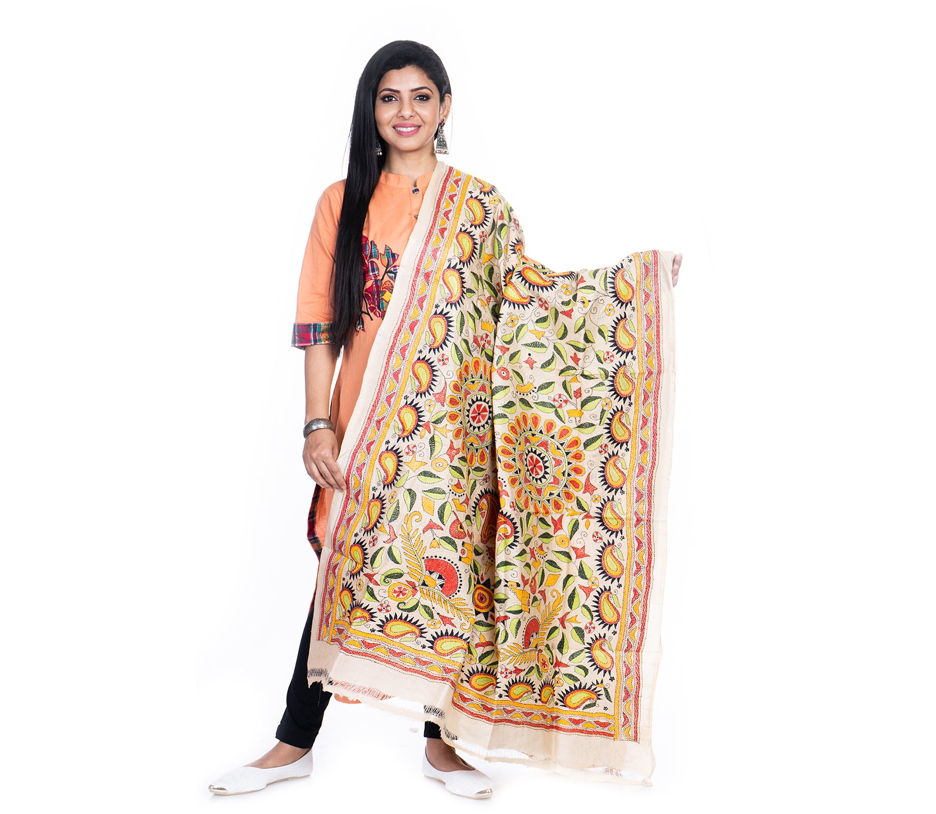 Kantha Stitched Dupatta on Tussar Base - Red and Black - ArtisanSoul