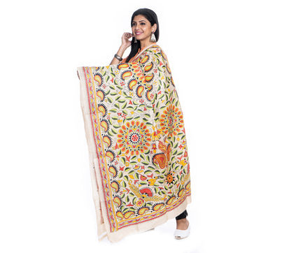 Kantha Stitched Dupatta on Tussar Base - Red and Black - ArtisanSoul