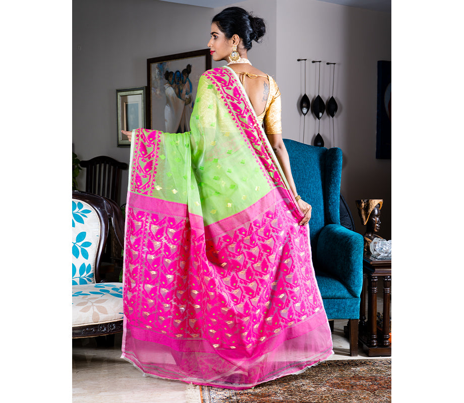 Pink Saree With Green Blouse -