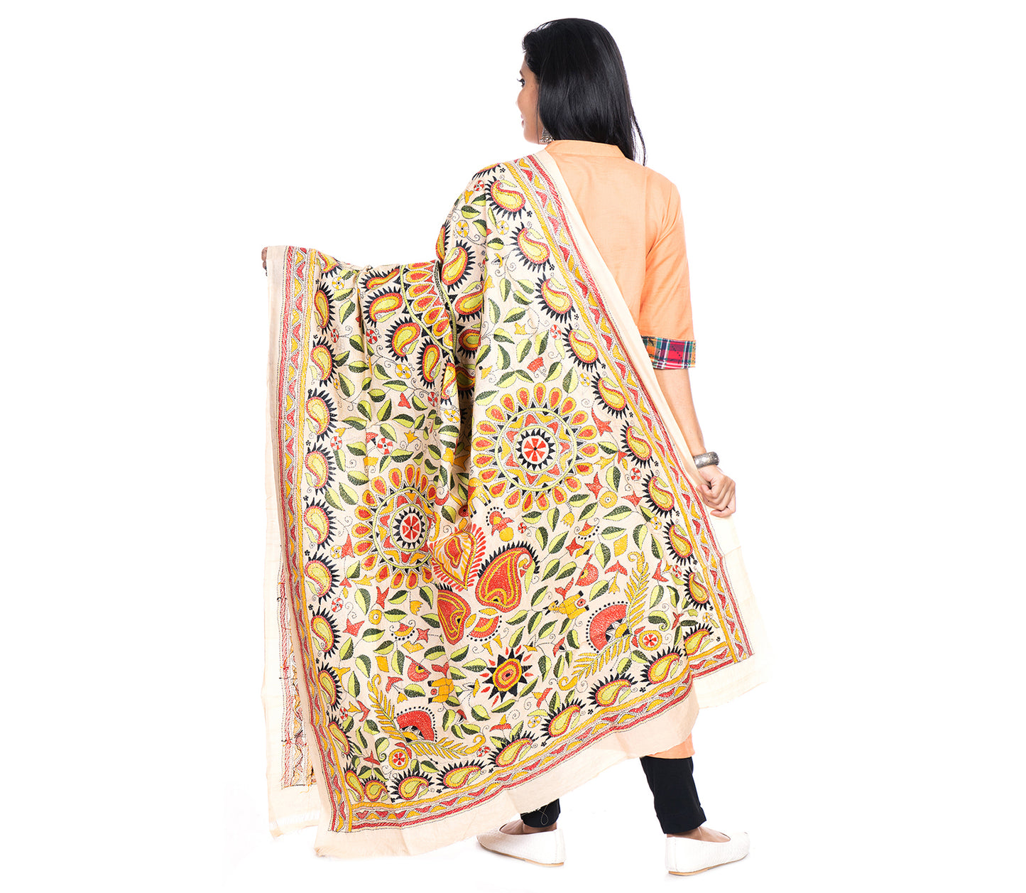 Kantha Stitched Dupatta on Tussar Base - Red and Black - ArtisanSoul