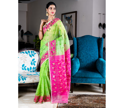 Handloom Jamdani Sub-Dhakai Saree - Green and Purple